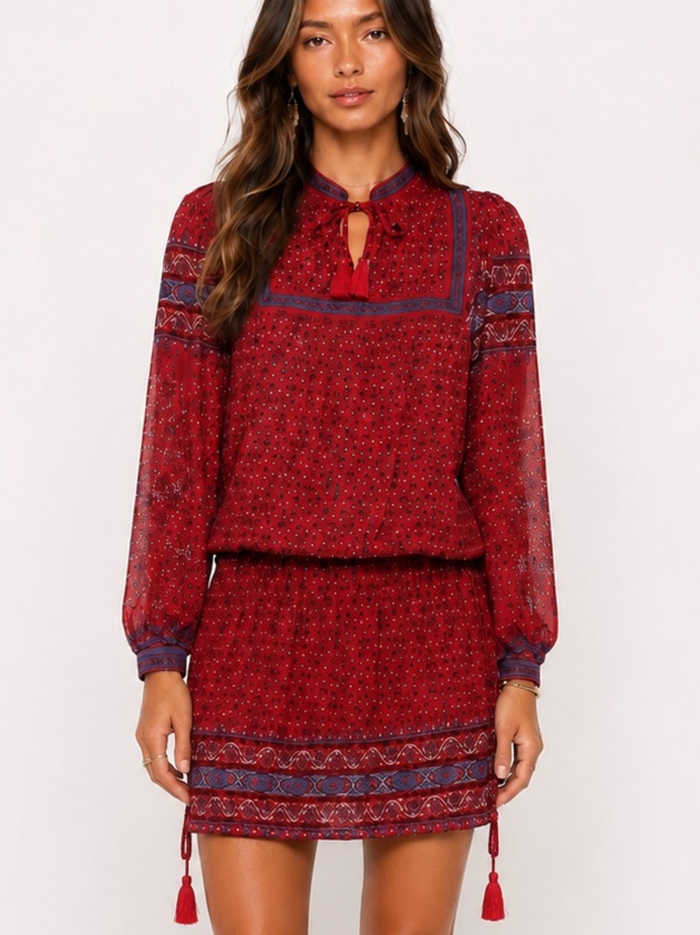 Ulla Johnson Silk Red Boho Mini Dress Long Sleeve Size 2